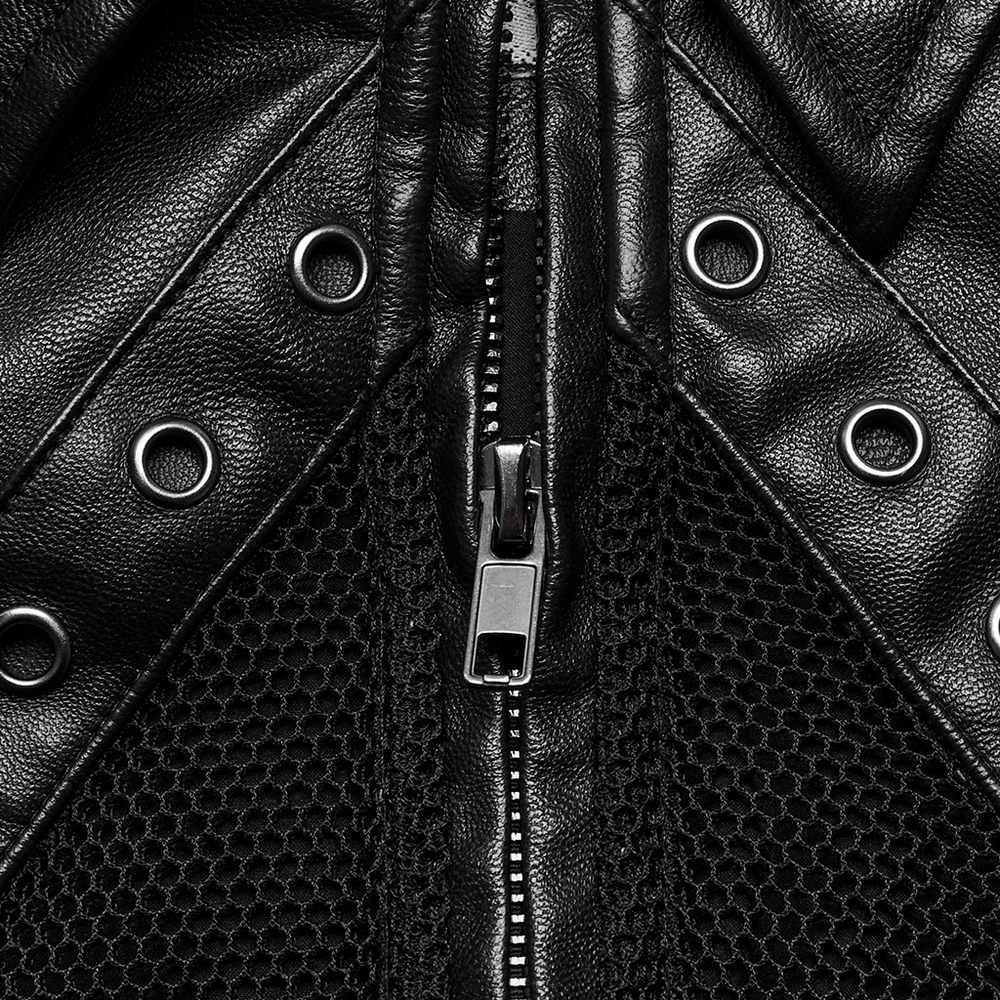 Black Faux Leather Punk Jacket with Mesh And Spikes