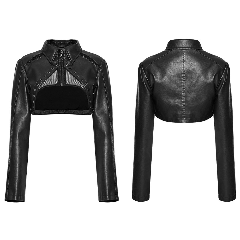 Black Faux Leather Punk Jacket with Mesh And Spikes