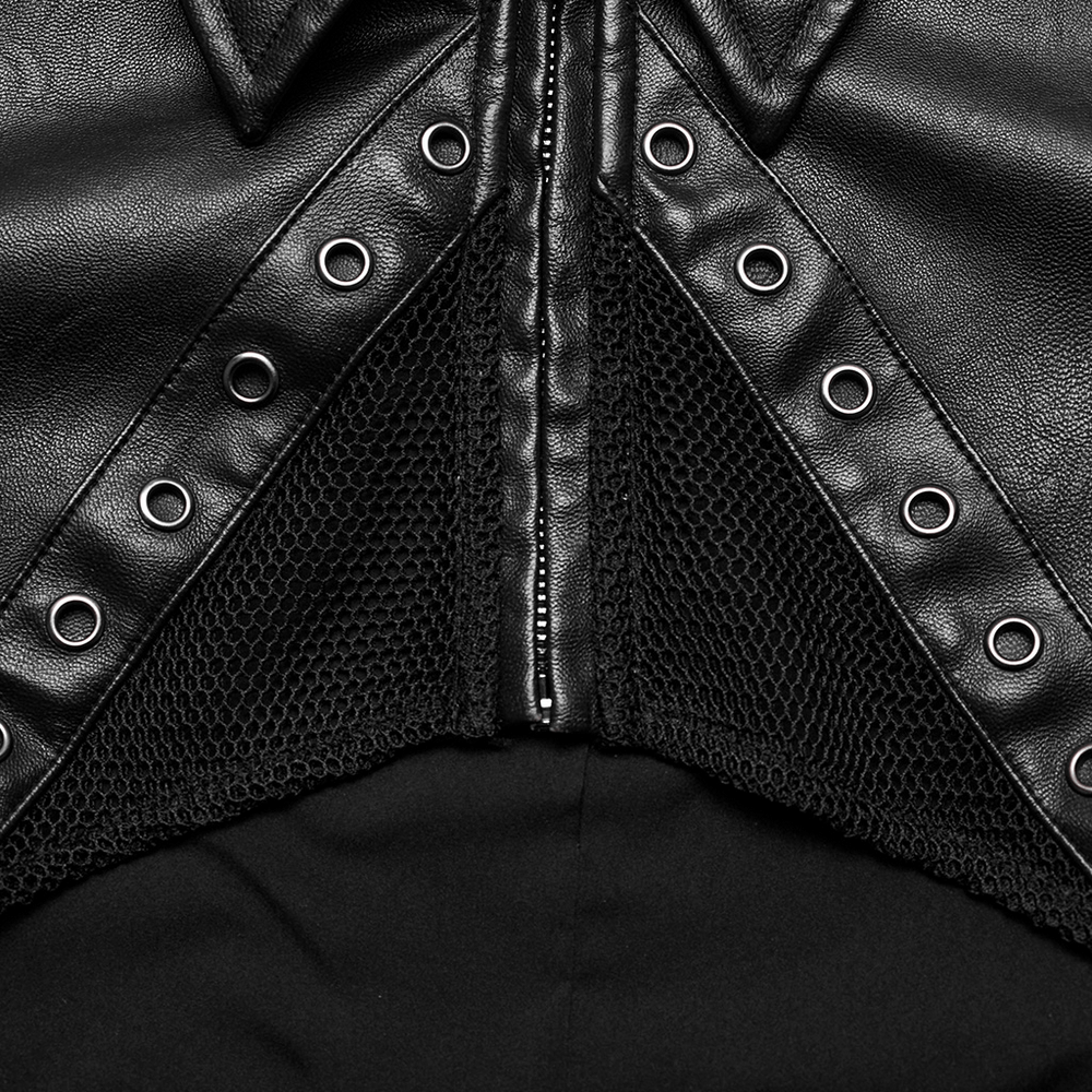 Black Faux Leather Punk Jacket with Mesh And Spikes
