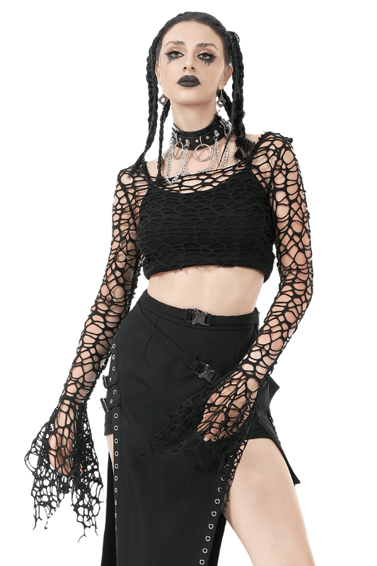 Black Fishnet Mesh Off-Shoulder Gothic Crop Top