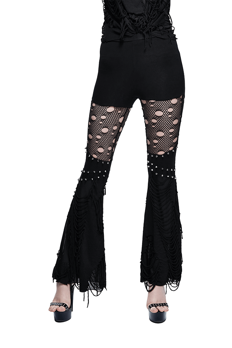 Black Flared Pants with Fabrics Shreds / Sexy Lace Hollow-Out Trousers / Ripped Skinny Pants