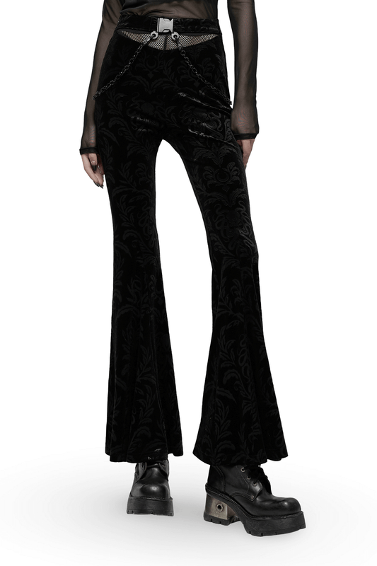 Black Floral Velvet Flared Pants with Chains and Mesh Waist