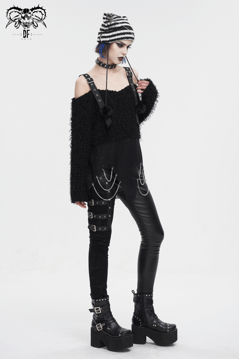 Black Fluffy Off Shoulder Irregular Sweater for Women / Punk Clothes