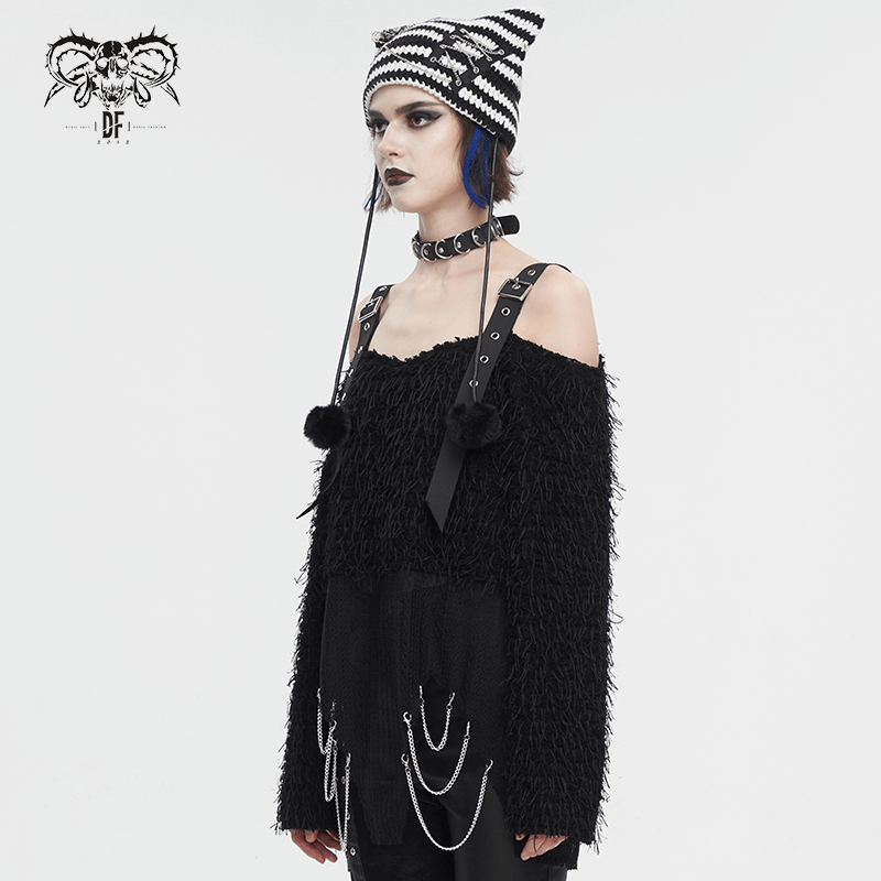 Black Fluffy Off Shoulder Irregular Sweater for Women / Punk Clothes