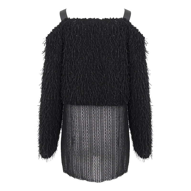 Black Fluffy Off Shoulder Irregular Sweater for Women / Punk Clothes