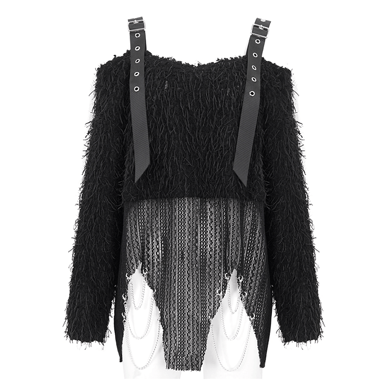 Black Fluffy Off Shoulder Irregular Sweater for Women / Punk Clothes