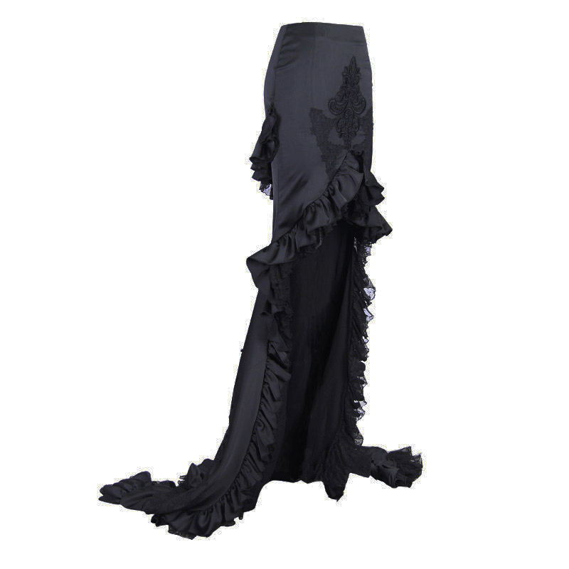 Black Frilled Skirt With Long Train / Gothic Elegant Fishtail Skirt with Lace Pattern