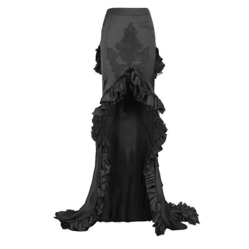 Black Frilled Skirt With Long Train / Gothic Elegant Fishtail Skirt with Lace Pattern