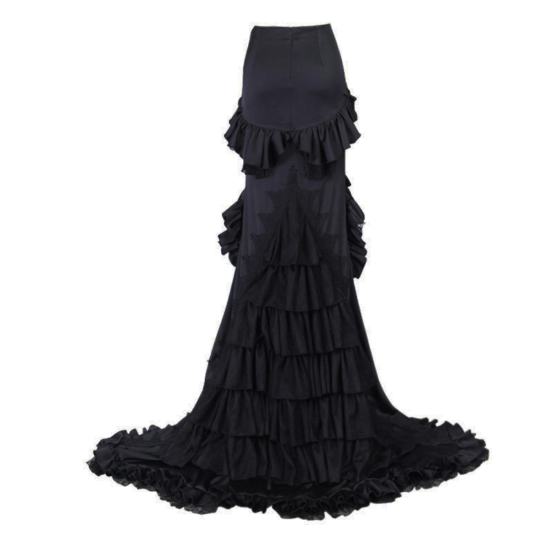 Black Frilled Skirt With Long Train / Gothic Elegant Fishtail Skirt with Lace Pattern