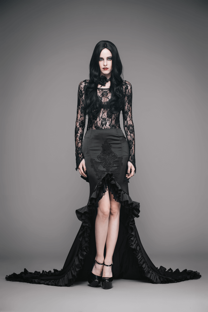 Black Frilled Skirt With Long Train / Gothic Elegant Fishtail Skirt with Lace Pattern