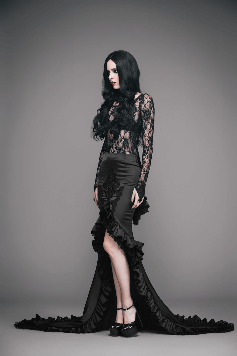 Black Frilled Skirt With Long Train / Gothic Elegant Fishtail Skirt with Lace Pattern