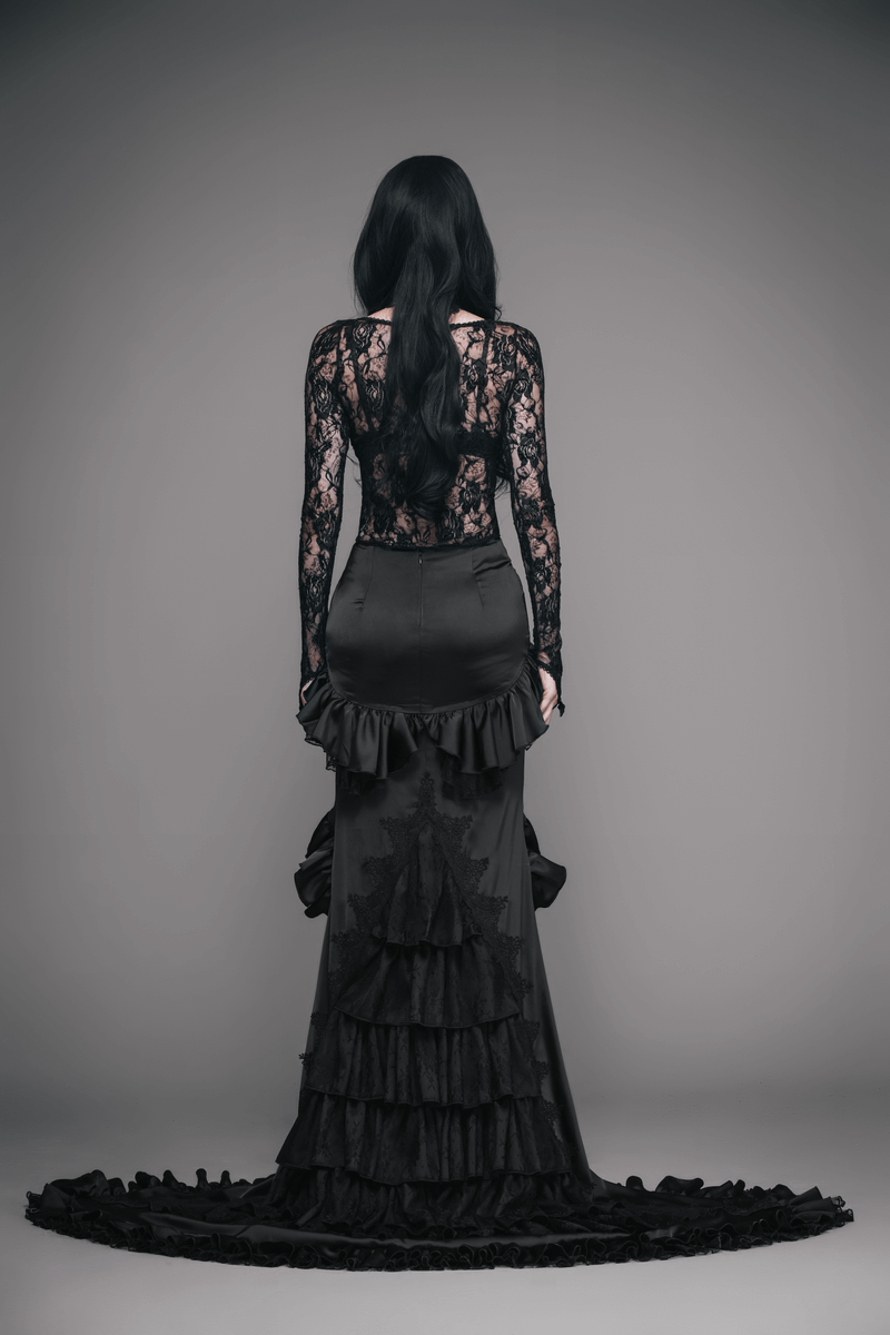 Black Frilled Skirt With Long Train / Gothic Elegant Fishtail Skirt with Lace Pattern