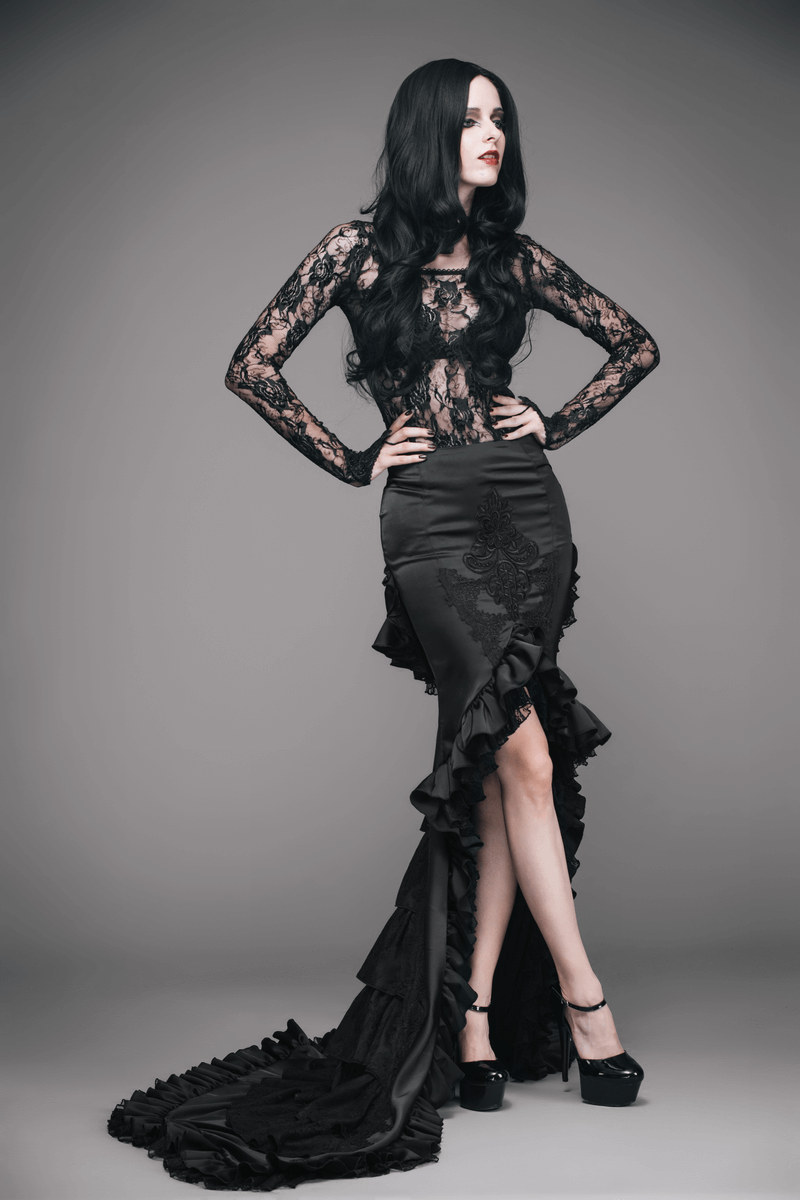 Black Frilled Skirt With Long Train / Gothic Elegant Fishtail Skirt with Lace Pattern