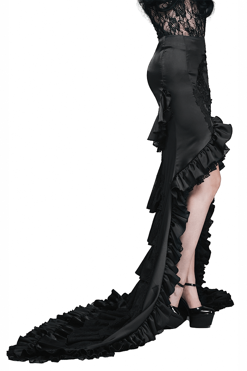 Black Frilled Skirt With Long Train / Gothic Elegant Fishtail Skirt with Lace Pattern
