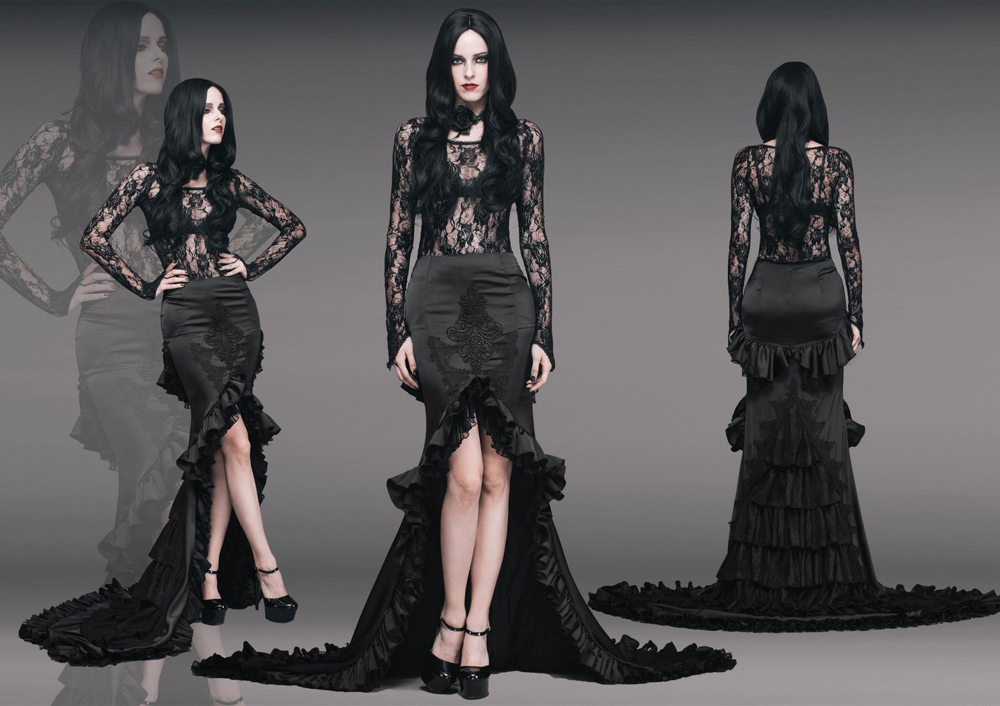Black Frilled Skirt With Long Train / Gothic Elegant Fishtail Skirt with Lace Pattern