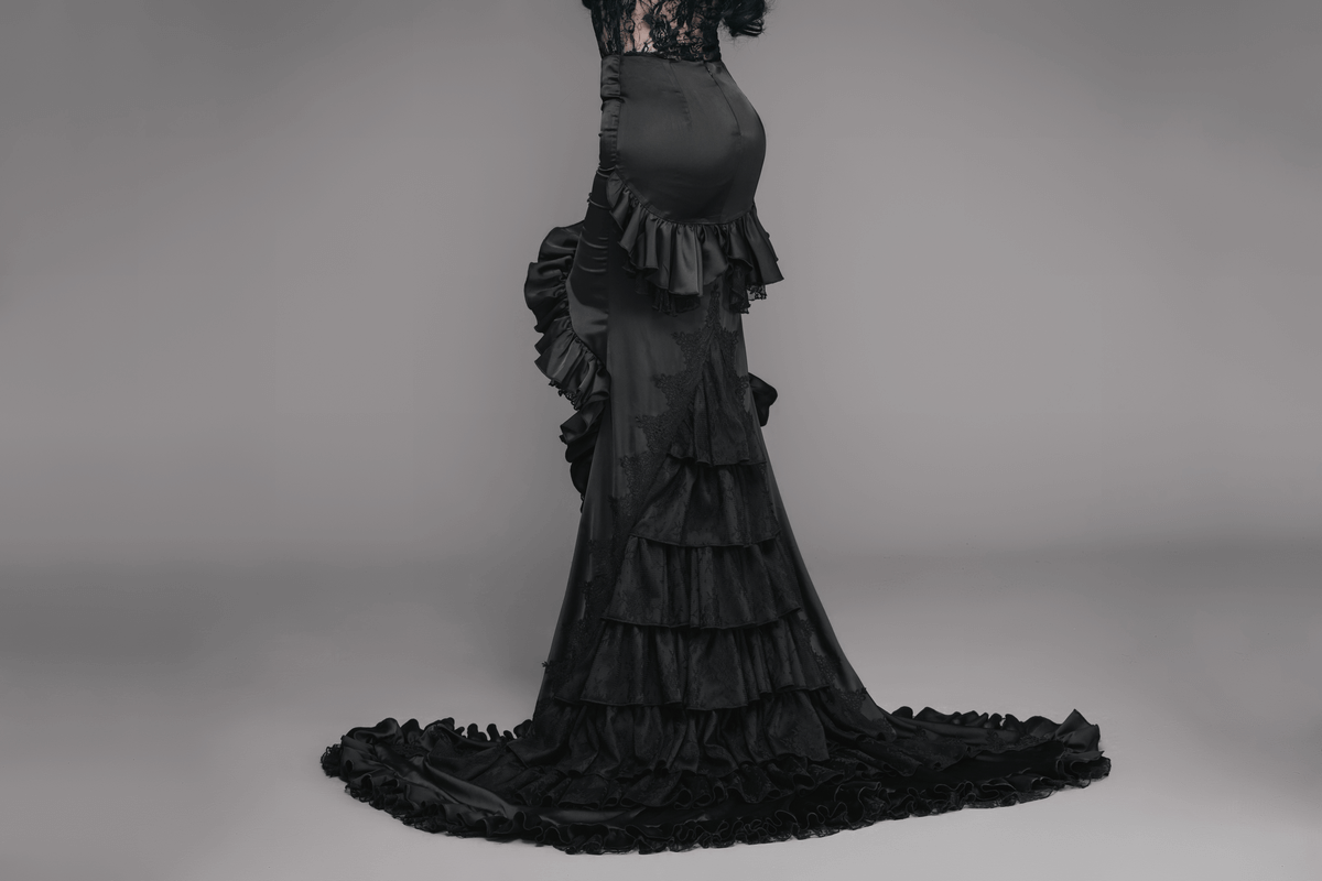 Black Frilled Skirt With Long Train / Gothic Elegant Fishtail Skirt with Lace Pattern