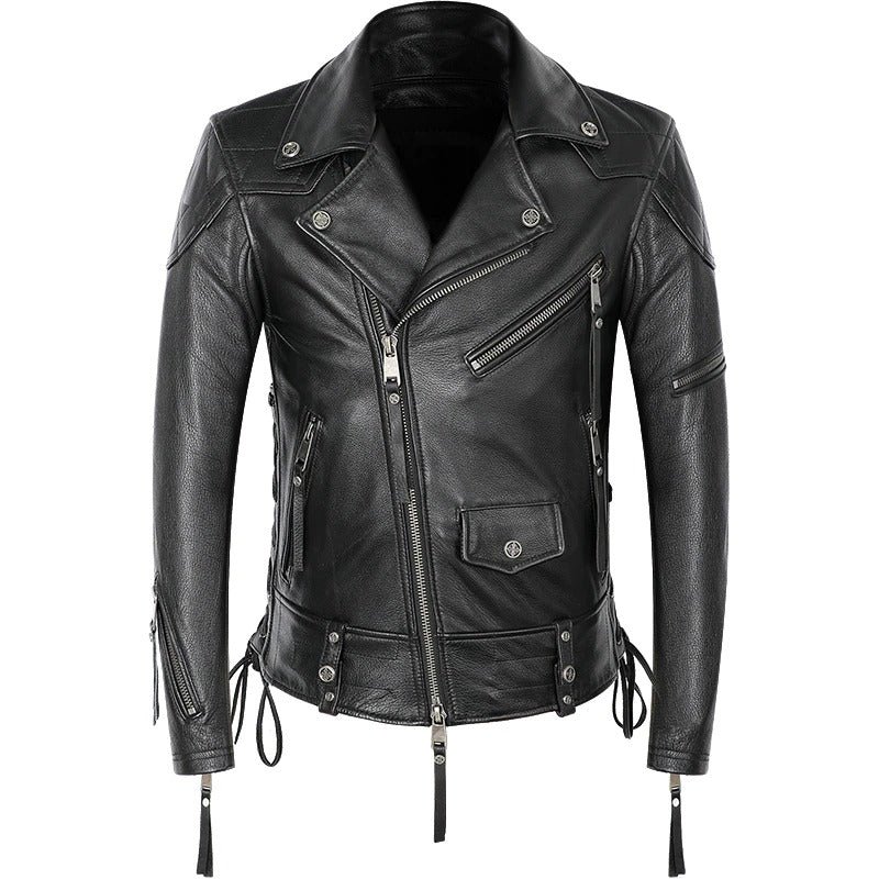 Black Genuine Leather Jacket In Biker Style / Cool Men's Jackets With Plus Size