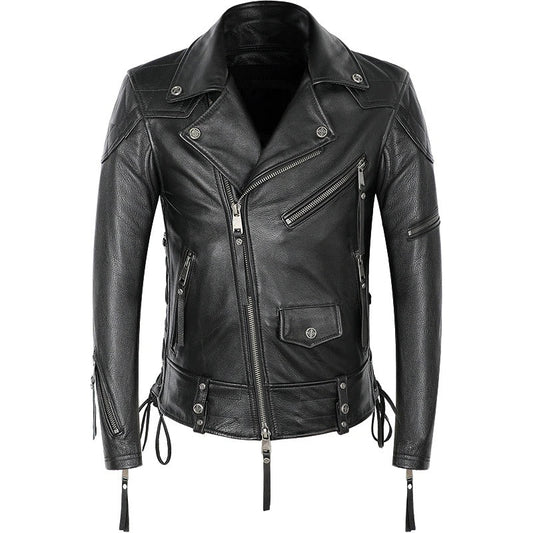 Black Genuine Leather Jacket In Biker Style / Cool Men's Jackets With Plus Size