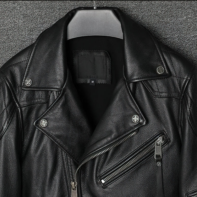 Black Genuine Leather Jacket In Biker Style / Cool Men's Jackets With Plus Size