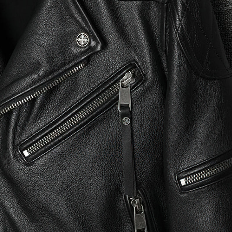 Black Genuine Leather Jacket In Biker Style / Cool Men's Jackets With Plus Size