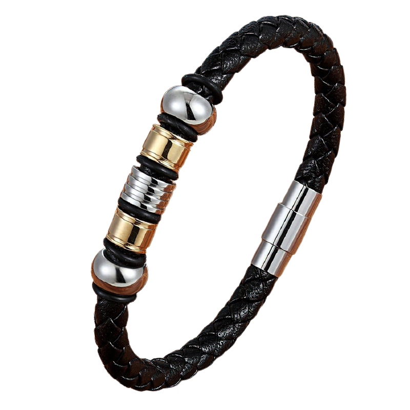 Black Genuine Leather Men's Bracelet / Stainless Steel Magnetic Clasp Bracelet