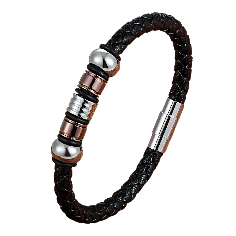 Black Genuine Leather Men's Bracelet / Stainless Steel Magnetic Clasp Bracelet
