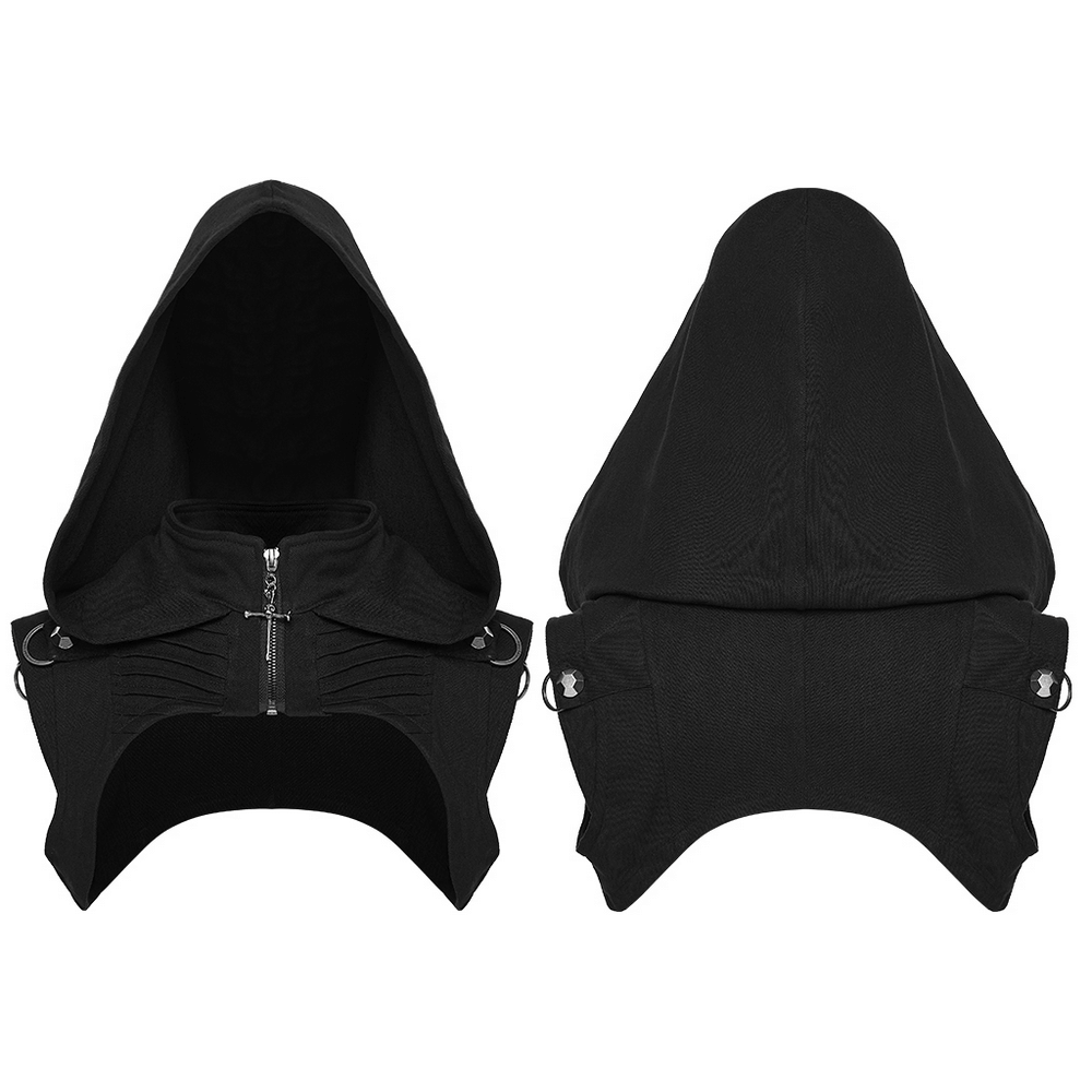 Black Goth Hooded Capelet with Zipper and Stud Details