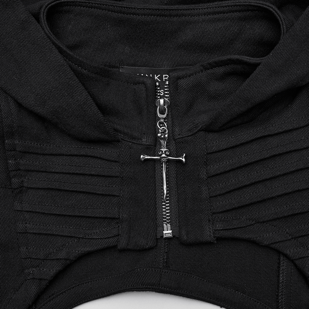 Black Goth Hooded Capelet with Zipper and Stud Details