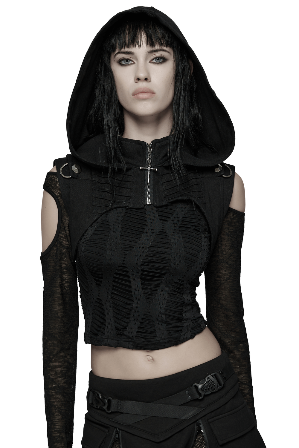 Black Goth Hooded Capelet with Zipper and Stud Details