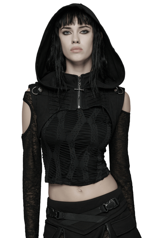 Black Goth Hooded Capelet with Zipper and Stud Details