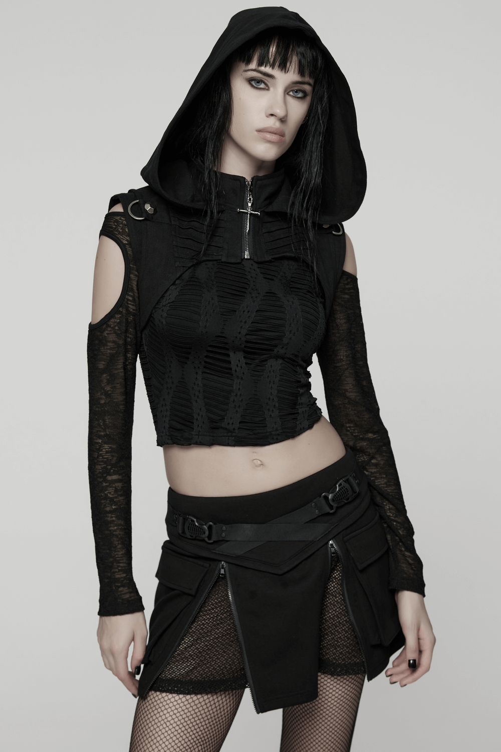 Black Goth Hooded Capelet with Zipper and Stud Details