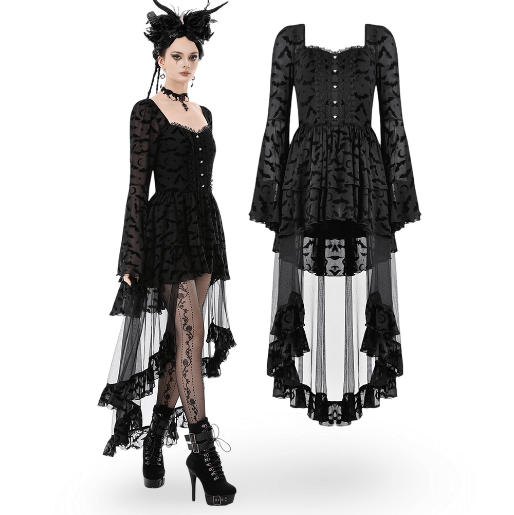 Black Gothic Bat Lace Dress with Sheer High-Low Hem