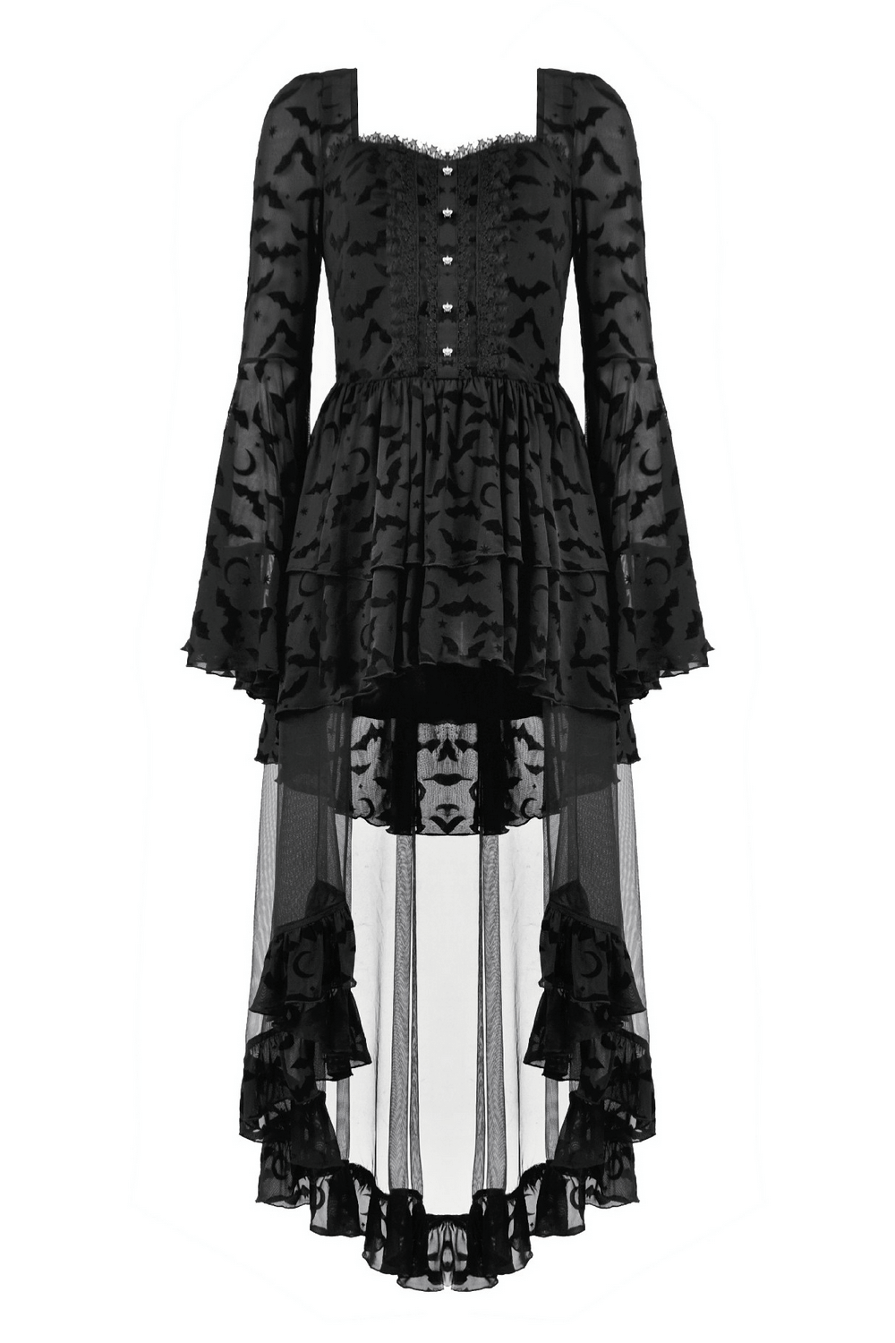 Black Gothic Bat Lace Dress with Sheer High-Low Hem