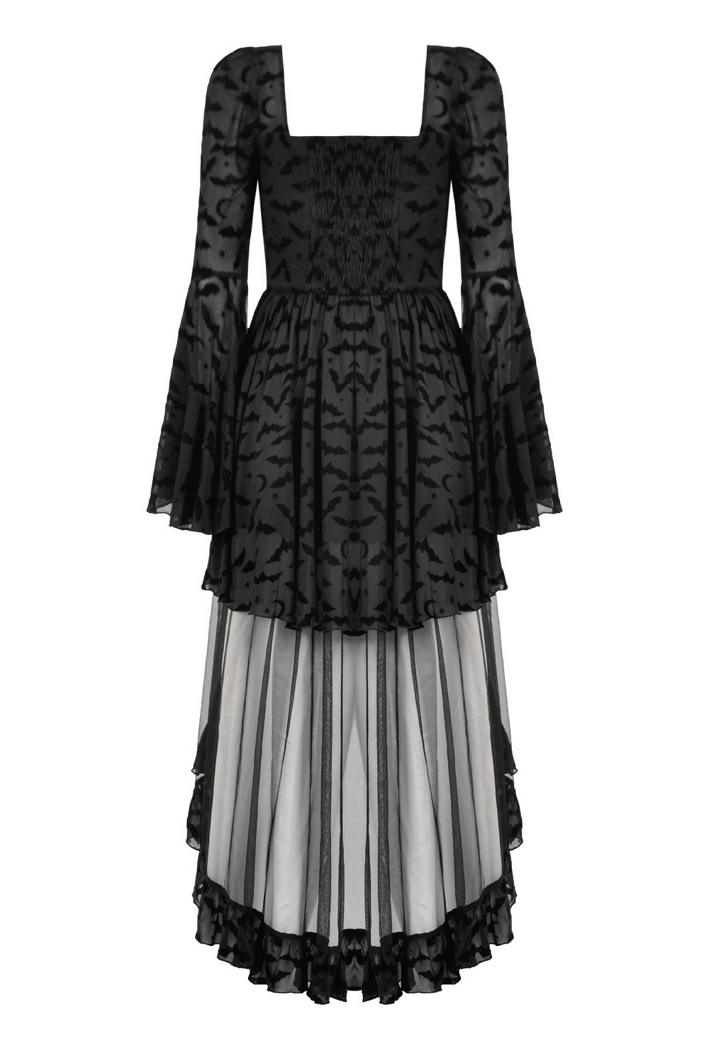 Black Gothic Bat Lace Dress with Sheer High-Low Hem