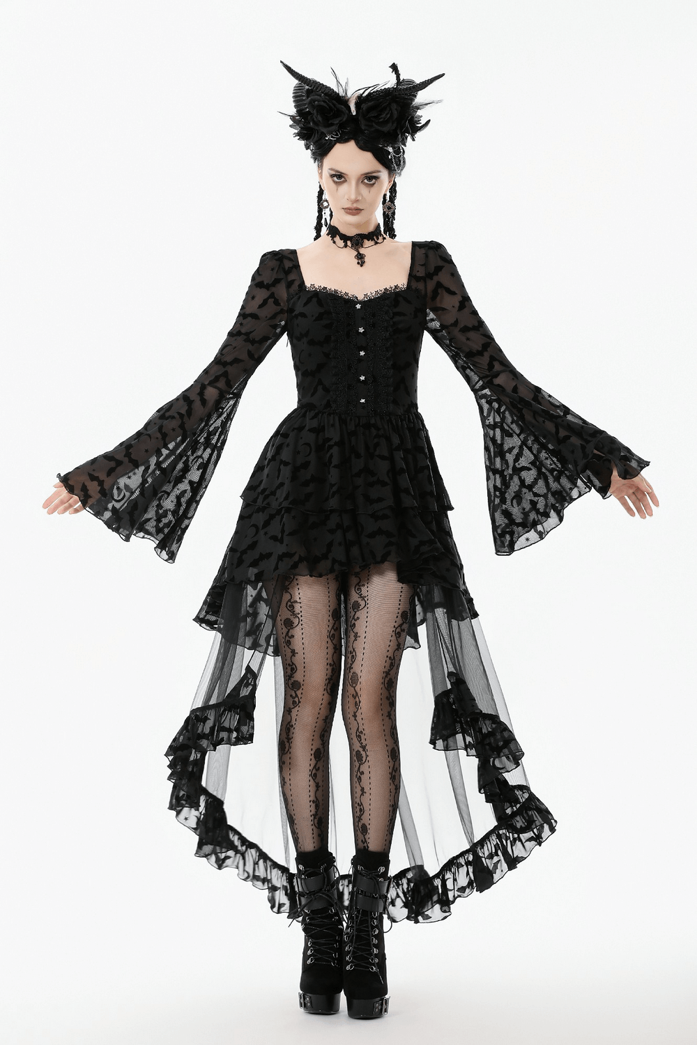 Black Gothic Bat Lace Dress with Sheer High-Low Hem