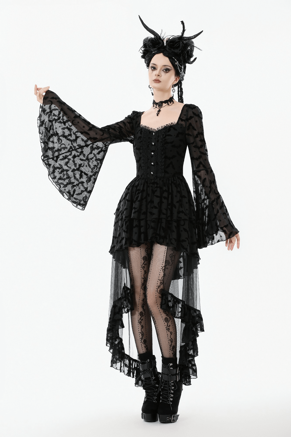 Black Gothic Bat Lace Dress with Sheer High-Low Hem
