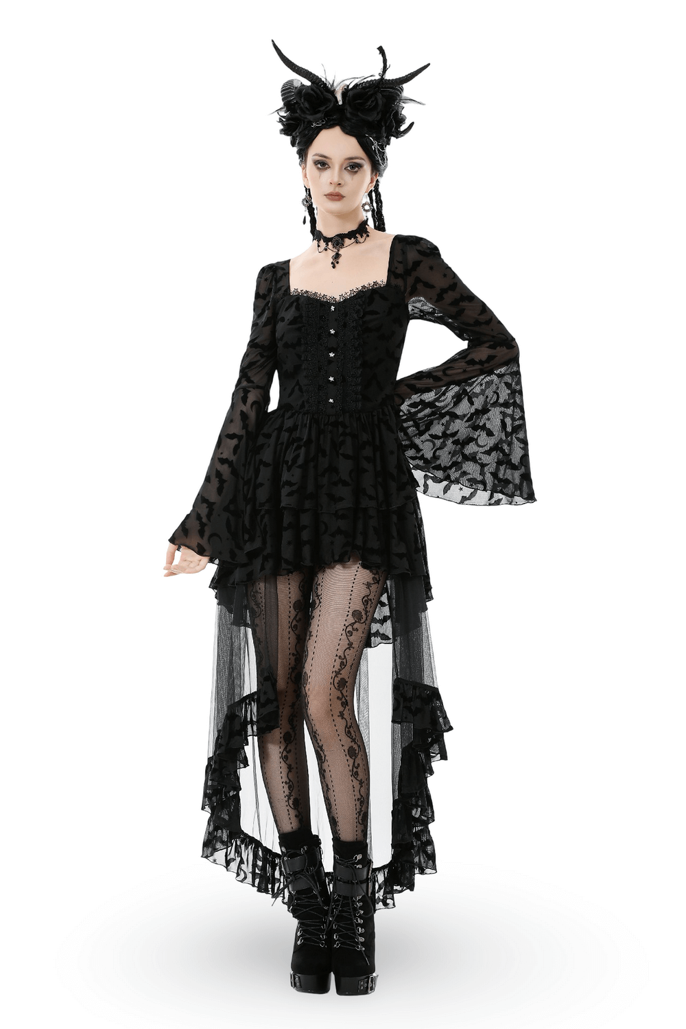 Black Gothic Bat Lace Dress with Sheer High-Low Hem