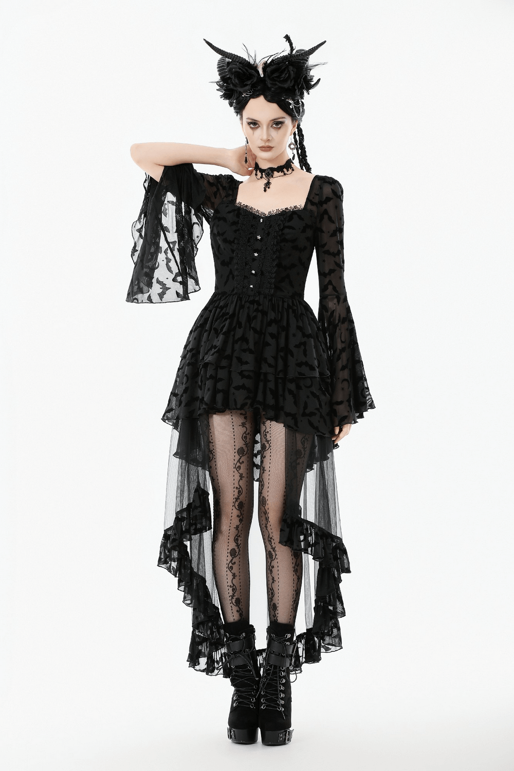 Black Gothic Bat Lace Dress with Sheer High-Low Hem