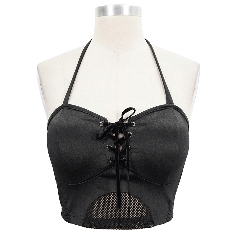 Black Gothic Bikini Top With Lace-up On Neckline / Women's Beach Wear