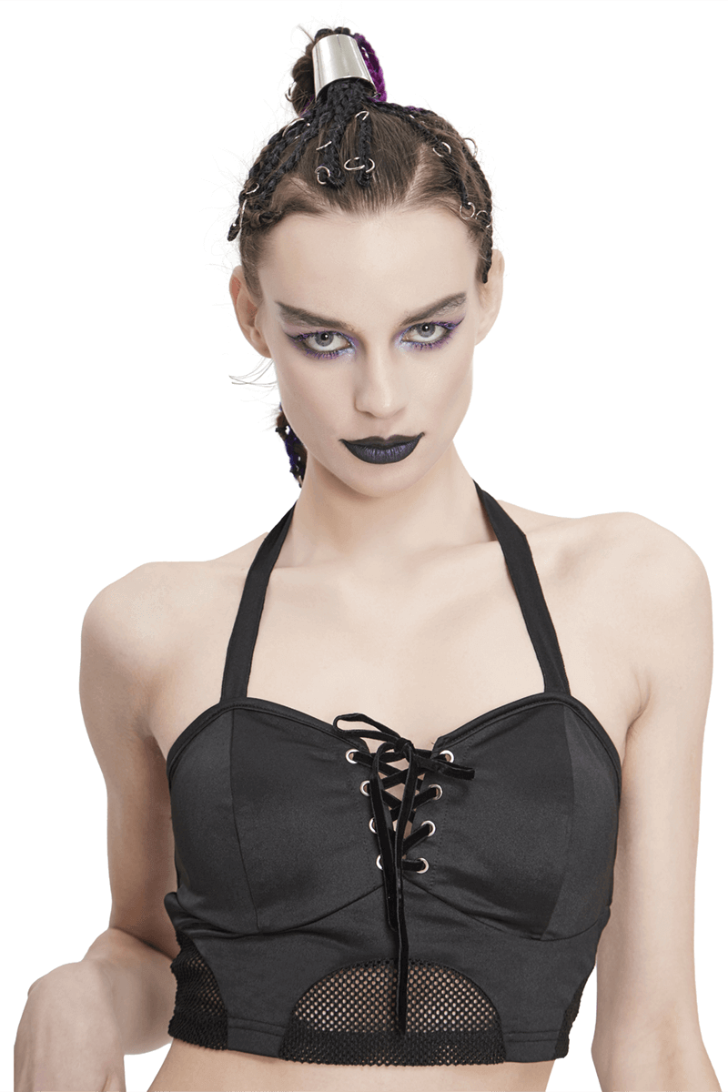 Black Gothic Bikini Top With Lace-up On Neckline / Women's Beach Wear