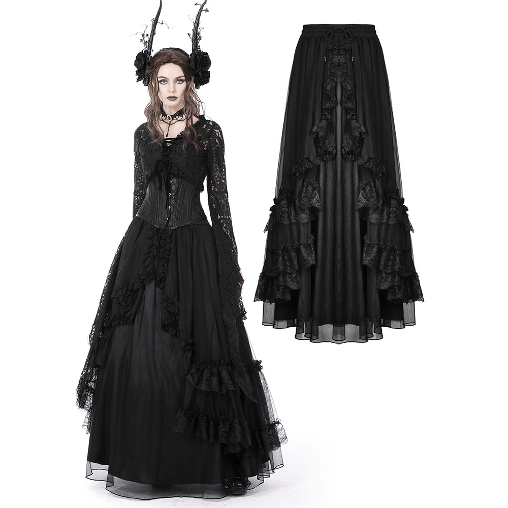 Black Gothic Chiffon High-Low Skirt with Lace Accents