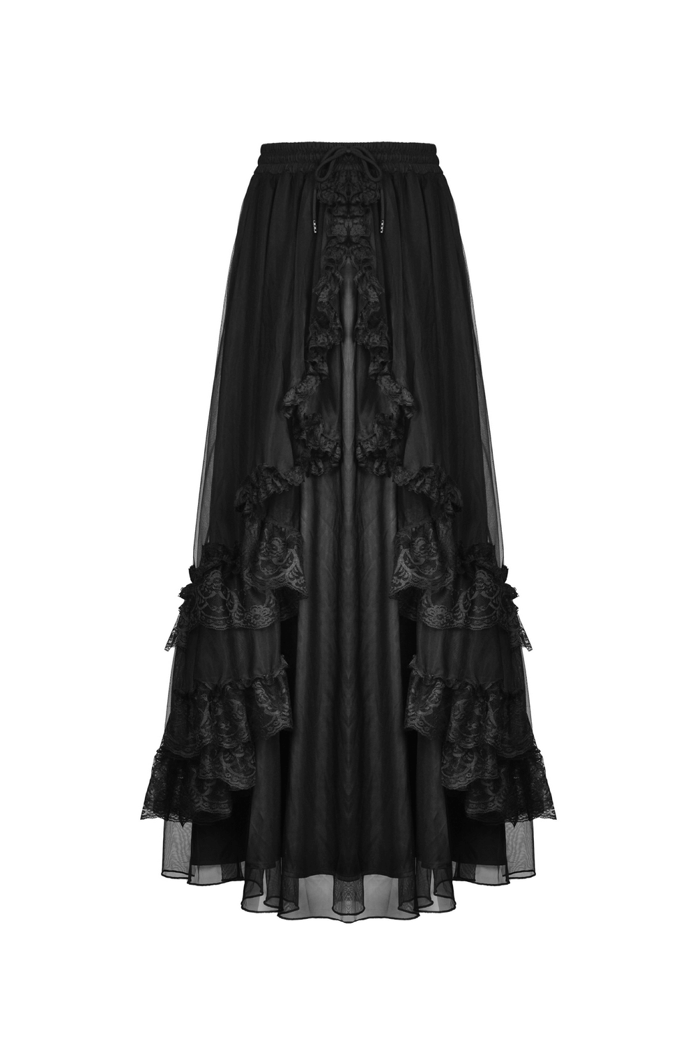 Black Gothic Chiffon High-Low Skirt with Lace Accents