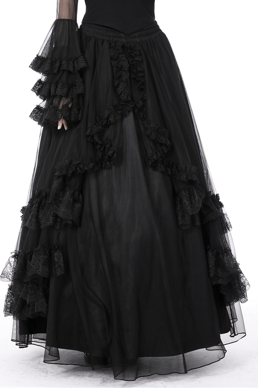 Black Gothic Chiffon High-Low Skirt with Lace Accents