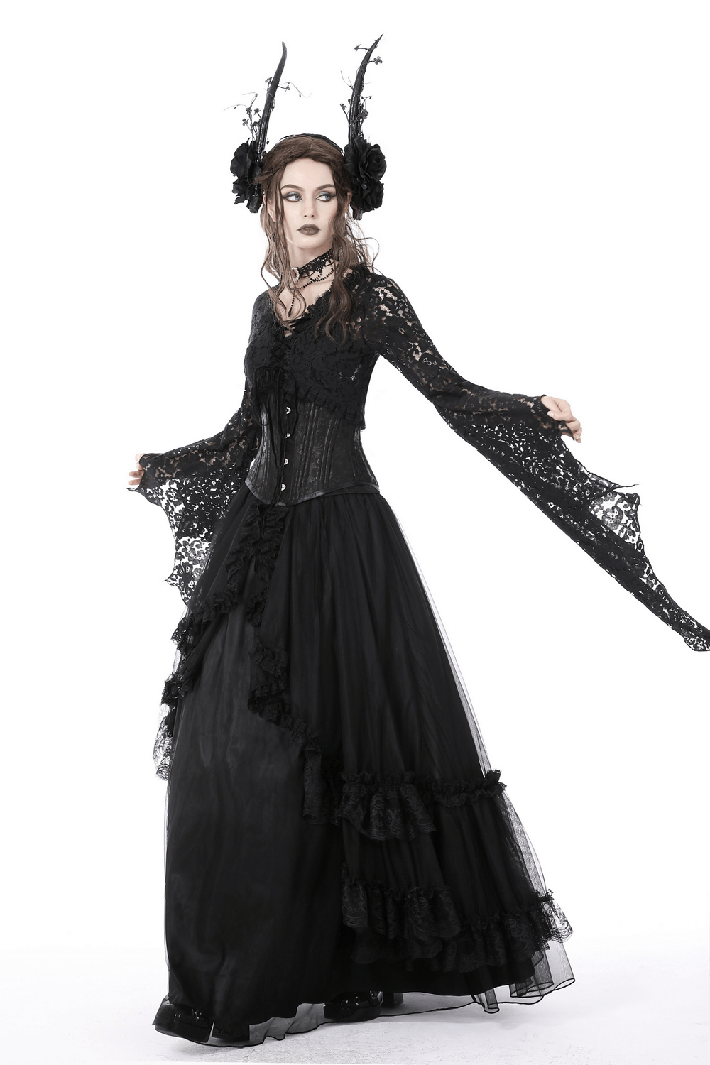 Black Gothic Chiffon High-Low Skirt with Lace Accents