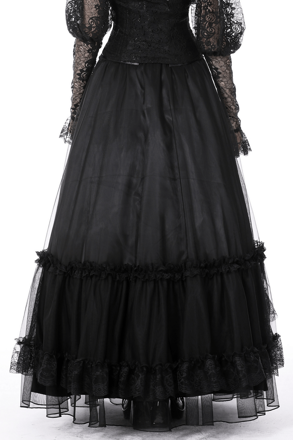 Black Gothic Chiffon High-Low Skirt with Lace Accents