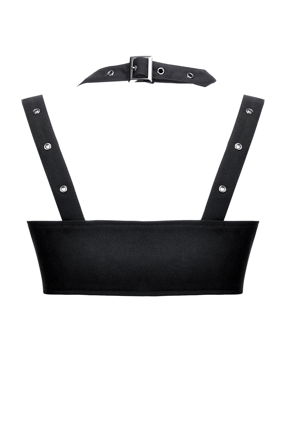 Black Gothic Crop Top with Buckles and Ornate Metal Detail