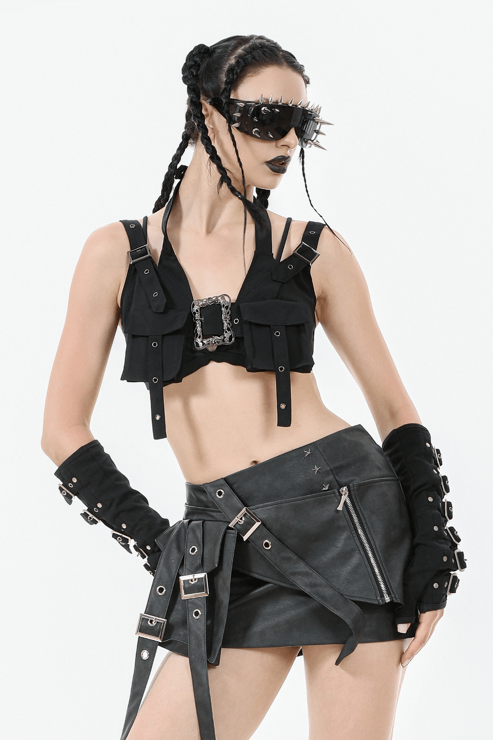 Black Gothic Crop Top with Buckles and Ornate Metal Detail
