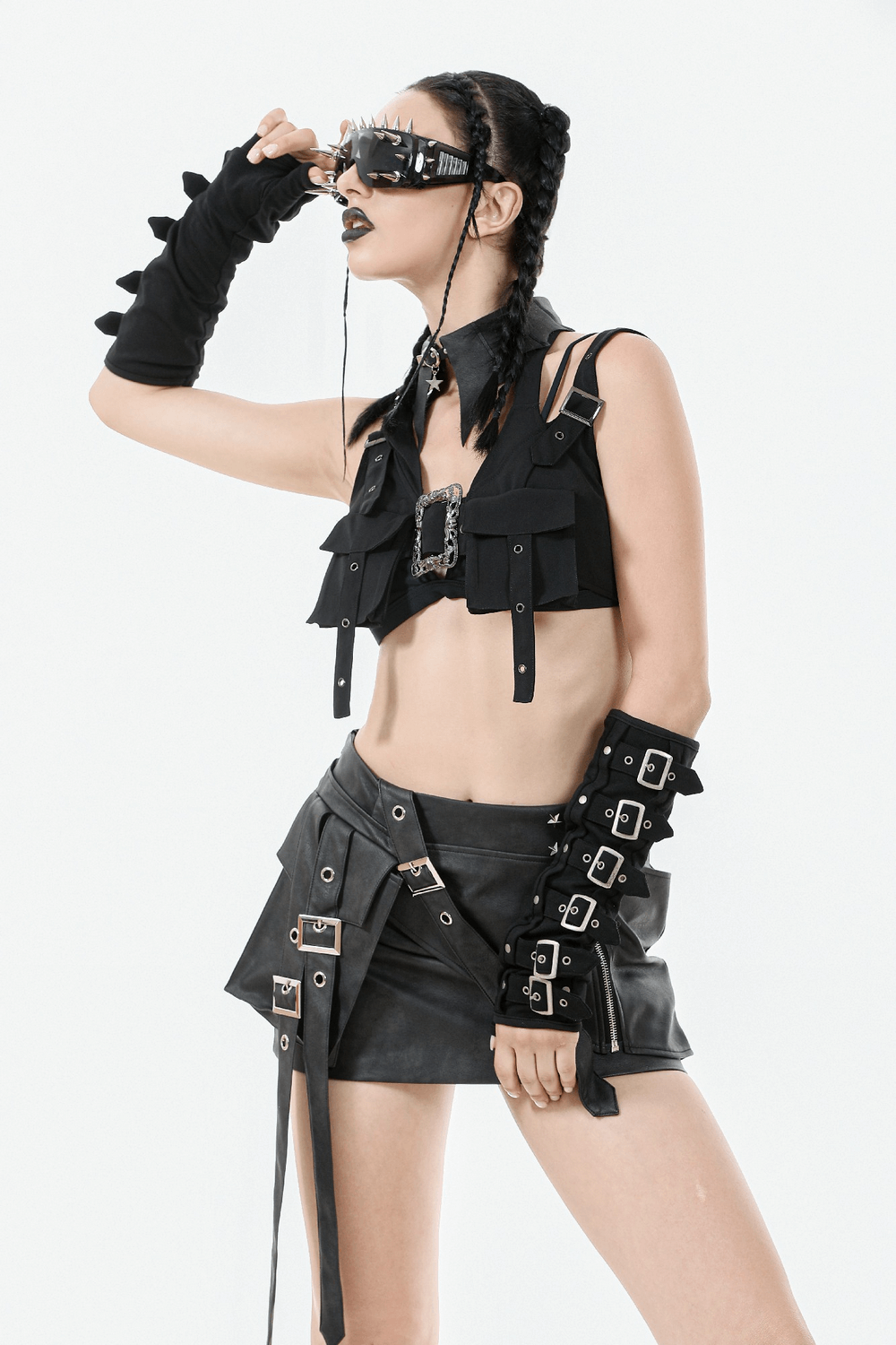 Black Gothic Crop Top with Buckles and Ornate Metal Detail