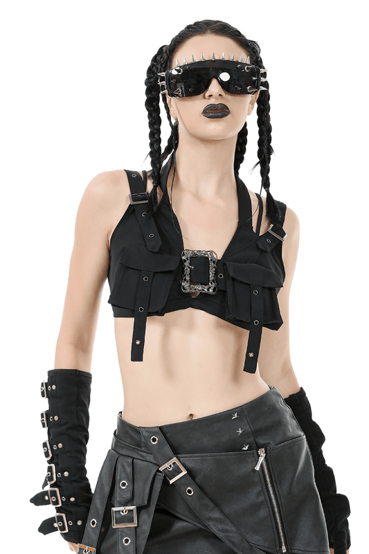 Black Gothic Crop Top with Buckles and Ornate Metal Detail