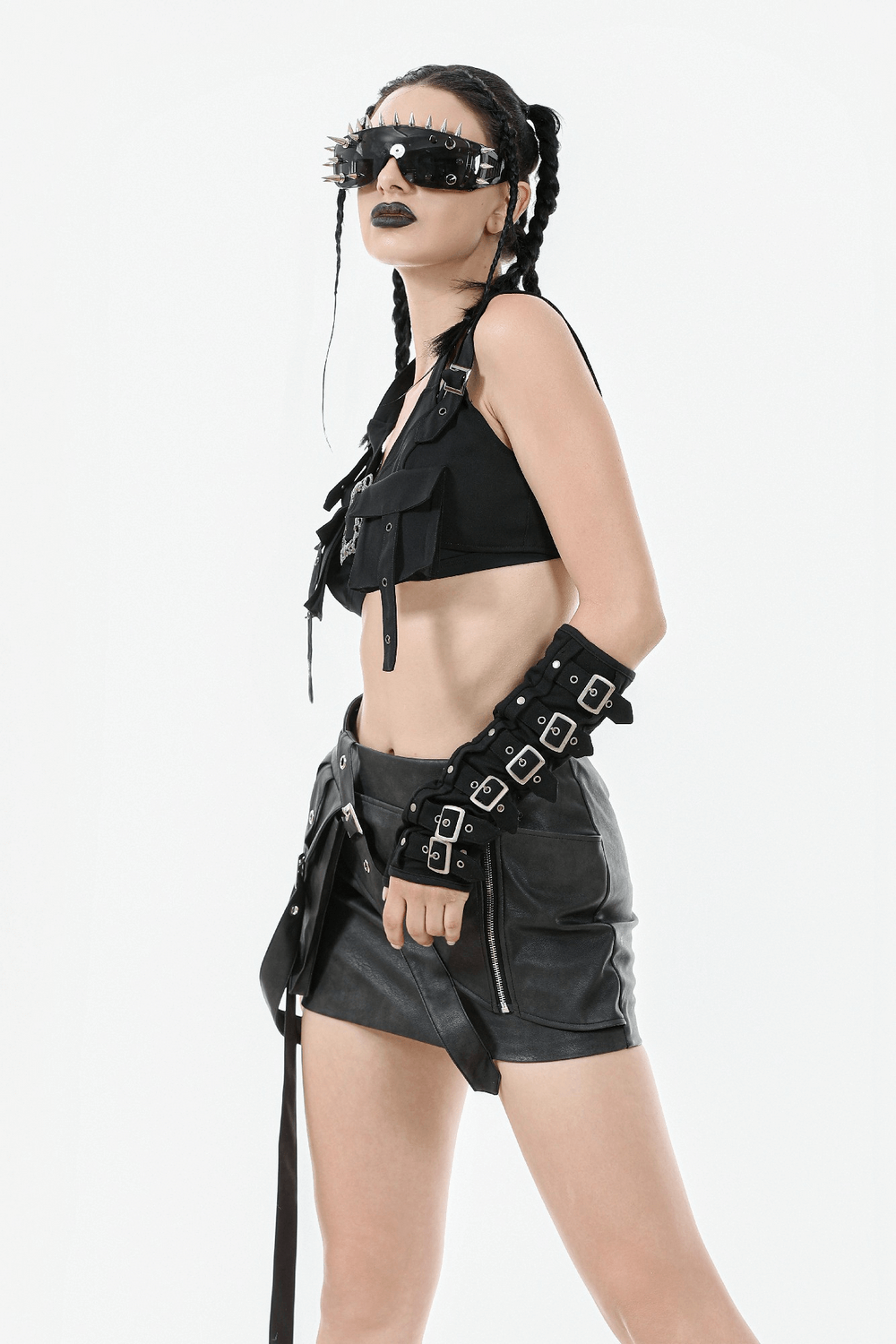 Black Gothic Crop Top with Buckles and Ornate Metal Detail